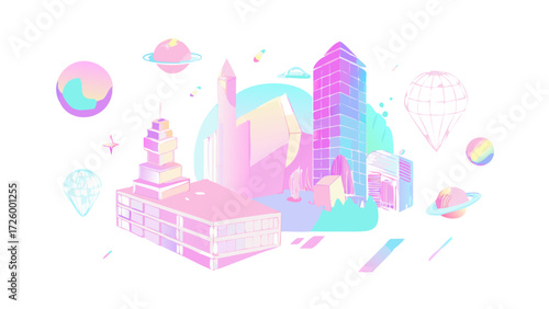 Pastel cityscape with planets and buildings in a dreamy futuristic design for modern backgrounds and graphics use
