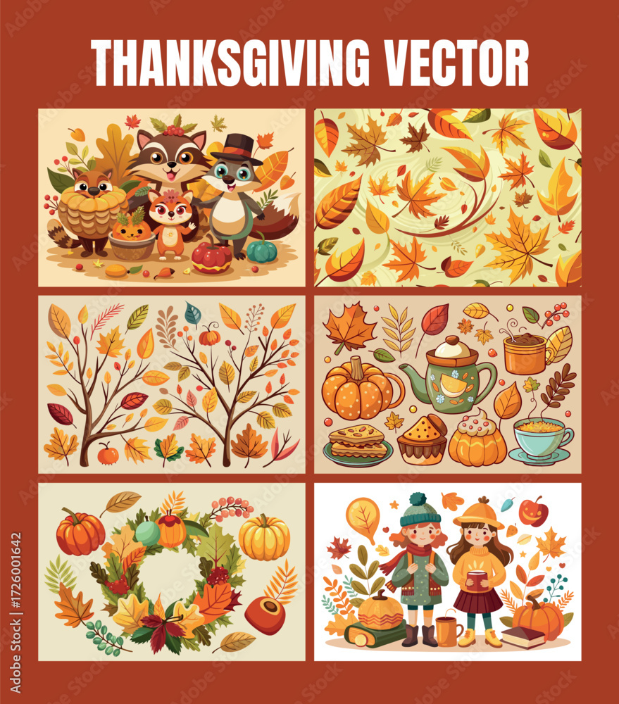 Fototapeta premium Joyful thanksgiving scenes with autumn leaves pumpkins and festive decorations collage