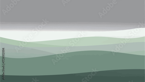 Abstract minimalist landscape with rolling green hills and grey sky