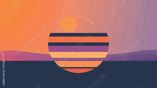 Abstract sunset horizon with geometric sun and stripes