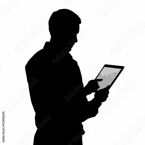Businessman in a Sharp Silhouette Holding a Tablet or Digital Interface