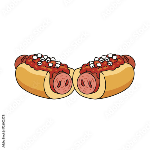 Hot dogs with chili and cheese topping on a white background  