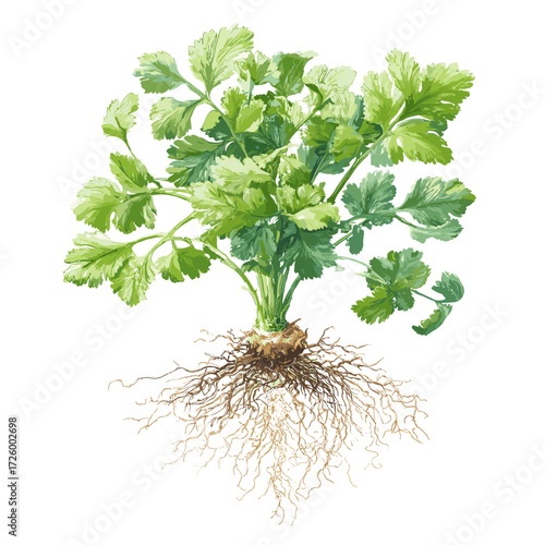 Fresh Coriander Plant with Roots Isolated on White