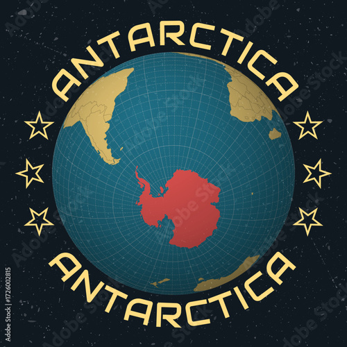 Antarctica on Globe. Country name round text. Vintage look with grunge scratched texture. Country view on world map in Sky Blue Light Yellow color palette. Antarctica shape on map.
