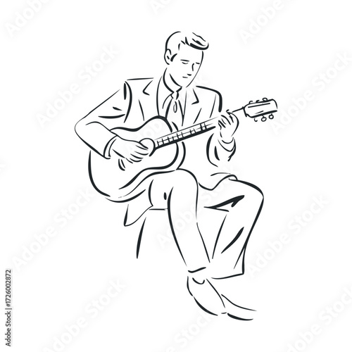 Man playing acoustic guitar in a stylish outfit for live performance. Vector black icon