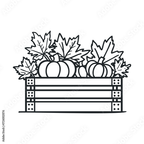 Pumpkin harvest in wooden crate with leaves for fall decoration. Vector black icon