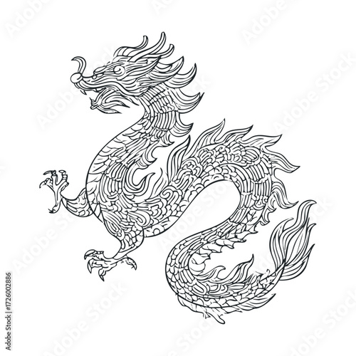 Elegant dragon design for art and tattoo inspiration. Vector black icon