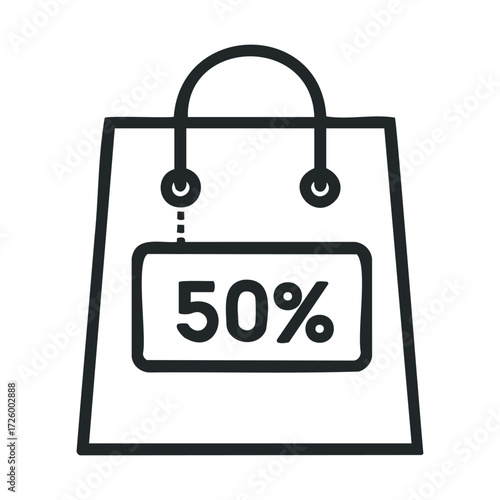 Shopping bag with discount tag showing fifty percent off sale. Vector black icon