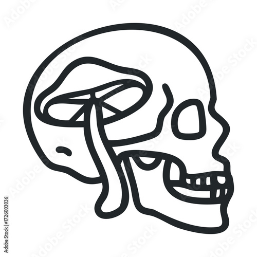 Anatomy of a human skull showing internal structures and brain. Vector black icon