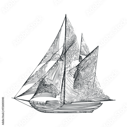 Vintage sailing ship illustration for nautical decor and design. Vector black icon