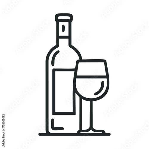 Elegant wine bottle and glass for celebration or dining occasions. Vector black icon