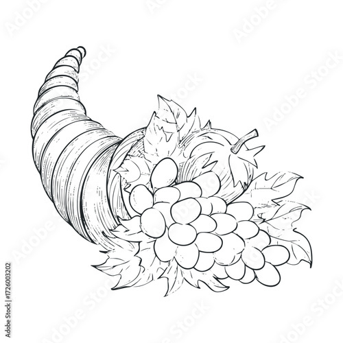 Cornucopia brimming with fresh fruits and autumn leaves. Vector black icon
