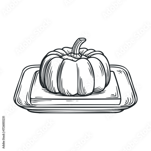 Pumpkin on a platter ready for autumn celebration and decoration. Vector black icon