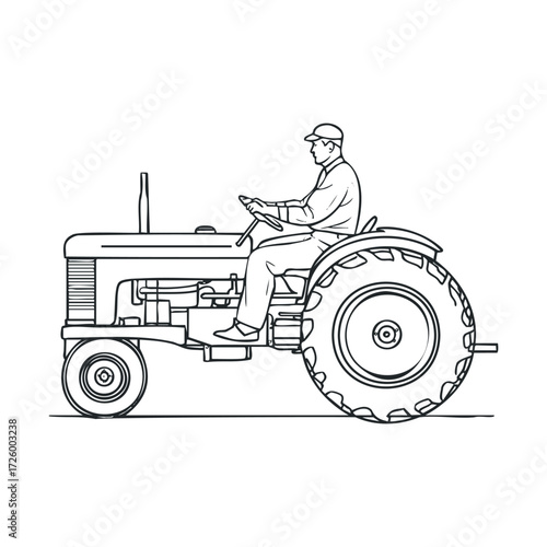 Farmer driving a vintage tractor in agricultural landscape. Vector black icon