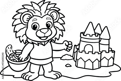 Lion Building a Sandcastle on the Beach Vector Illustration of Summer Fun and Creativity