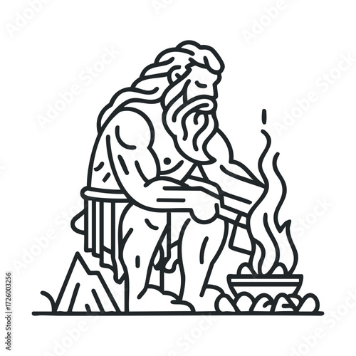 Ancient god forging tools by the fire in a mythical setting. Vector black icon