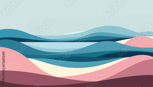 Abstract landscape with rolling hills and water in soft pastel colors