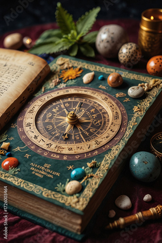 Astrological book with compass and decorative stones on a dark surface