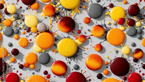 Bright paint splashes in vibrant colors on a textured gray canvas.