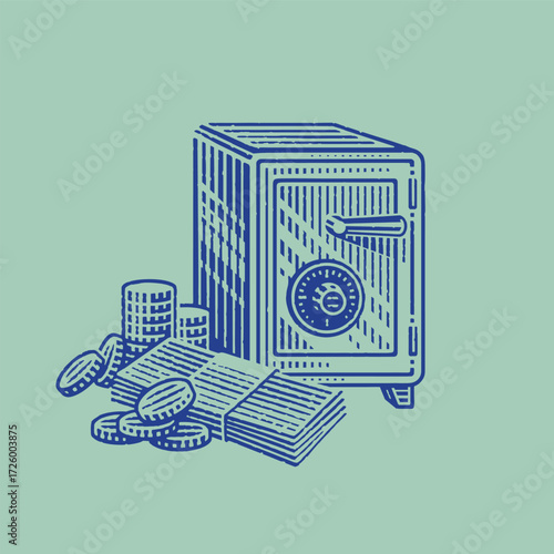 Vector engraving of a metal safe with a stack of banknotes and piles of coins in front of it.