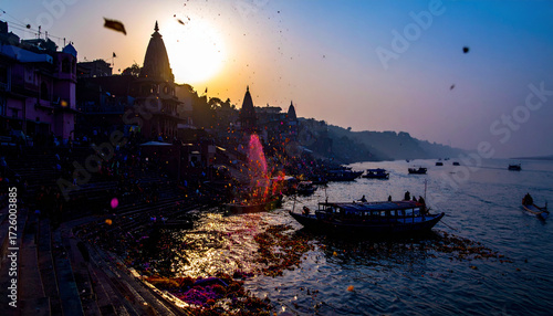 Varanasi Ghats Dawn Mist  . Religion concept. Generated Image