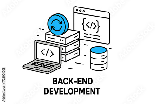 Back-end development process showcasing databases, code, and server architecture in an organized workspace