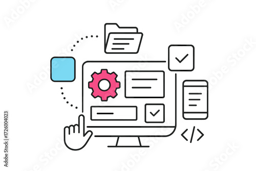 Creative illustration of a computer screen with gears and checkboxes representing software development processes