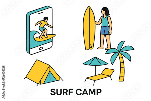 Enjoying surf camp activities with surfing, tents, and palm trees during a sunny day at the beach