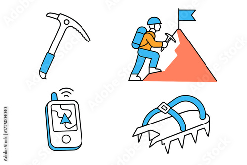 Mountain climbing gear and activities showcasing tools used for climbing and navigation during an outdoor adventure