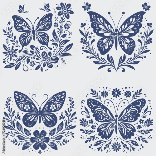 Floral Butterfly Vector SVG Bundle, Flower SVG, Butterfly SVG, Floral Butterfly SVG, Silhouette, Vector, Cutting File For Cricut, Butterfly Wing SVG