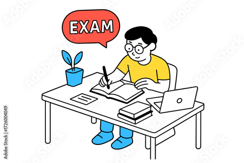 Student studying for an exam at a desk with a laptop and books in a bright room