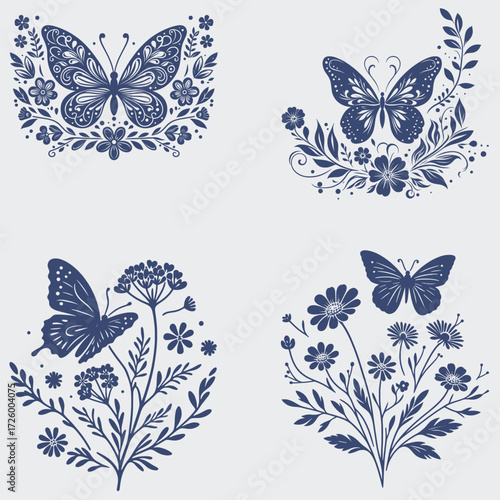 Floral Butterfly Vector SVG Bundle, Flower SVG, Butterfly SVG, Floral Butterfly SVG, Silhouette, Vector, Cutting File For Cricut, Butterfly Wing SVG