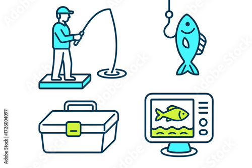 Illustration of fishing activities including a fisherman, fish, tackle box, and fishfinder displayed in a simplified design