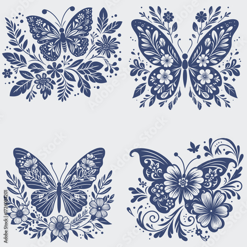 Floral Butterfly Vector SVG Bundle, Flower SVG, Butterfly SVG, Floral Butterfly SVG, Silhouette, Vector, Cutting File For Cricut, Butterfly Wing SVG
