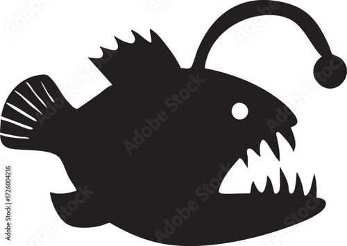 Fearsome anglerfish silhouette with a glowing lure isolated on a clean white background isolated on white background