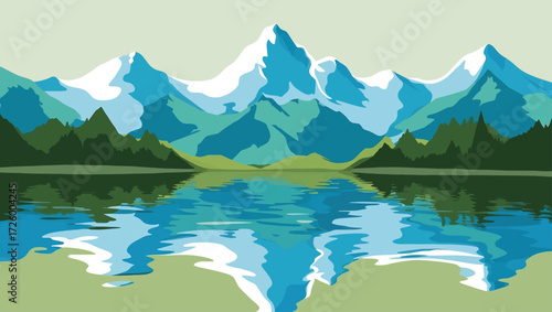 Stylized mountain range reflected in a calm lake with evergreen trees