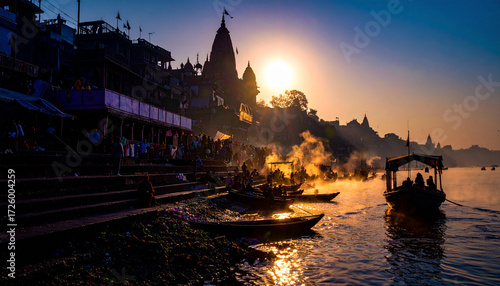 Varanasi Ghats Dawn Mist  . Religion concept. Generated Image