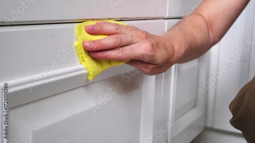 Woman Cleaning White Kitchen Cabinets with Yellow Cloth