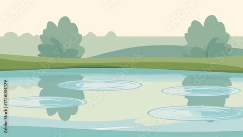 Calm lake with ripples reflecting trees and soft hills