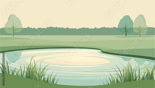 Peaceful landscape illustration with a pond and trees