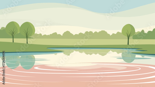 Serene landscape with trees and a tranquil lake reflecting the sky and trees