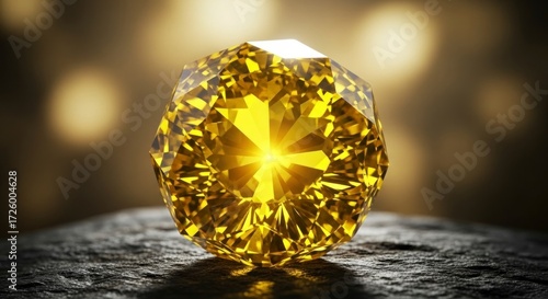 Radiant Yellow Diamonds Inner Fire Glowing on a Dark Stone with Golden Bokeh.