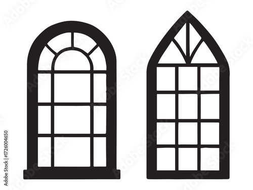 Ancient church window architecture of a stone building with a decorated arch and a wooden frame.