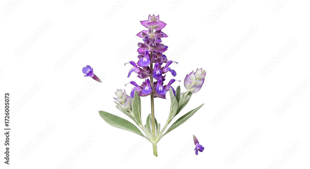 Obraz premium Close-up view of a vibrant purple lupine flower with detailed green foliage against a stark void transparent background
