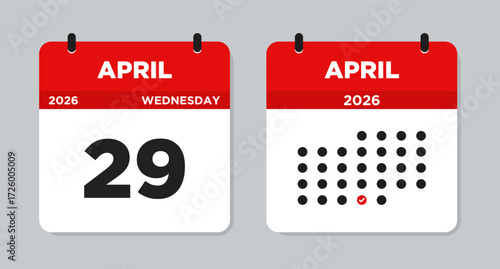 April 29 2026 Wednesday Calendar Vector Illustration. April 29 calendar page. Day calendar with date April 29. Week Starts on Sunday. Checklist day calendar. Modern Flat Calendar template icon