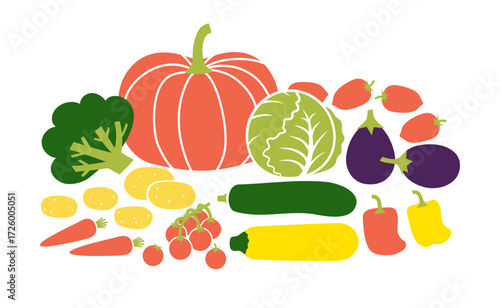 Organic food, bunch of farm fresh vegetables. Flat vector illustration isolated on white background.