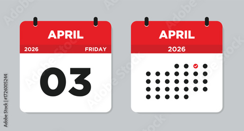 April 3 2026 Friday Calendar Vector Illustration. April 3 calendar page. Day calendar with date April 3. Week Starts on Sunday. Checklist day calendar. Modern Flat Calendar template icon