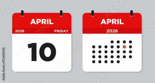 April 10 2026 Friday Calendar Vector Illustration. April 10 calendar page. Day calendar with date April 10. Week Starts on Sunday. Modern Flat Calendar template icon