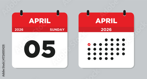 April 5 2026 Sunday Calendar Vector Illustration. April 5 calendar page. Day calendar with date April 5. Week Starts on Sunday. Checklist day calendar. Modern Flat Calendar template icon