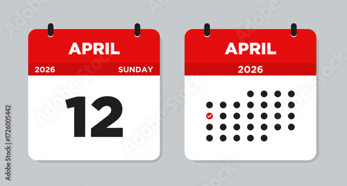April 12 2026 Sunday Calendar Vector Illustration. April 12 calendar page. Day calendar with date April 12. Week Starts on Sunday. Modern Flat Calendar template icon